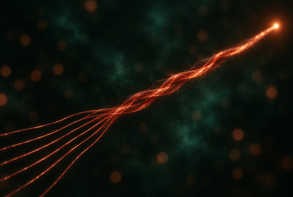 Six copper threads braiding into one on deep green