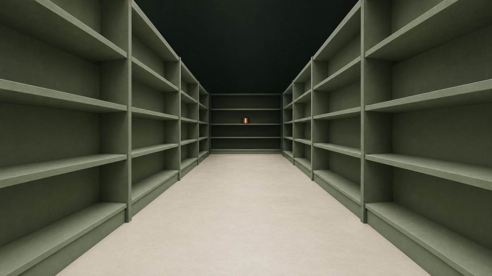 An empty aisle of sage green shelves fading into dark, one copper object at the far end
