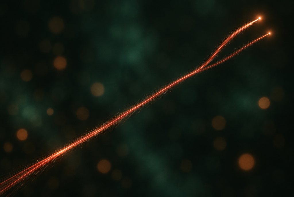 A copper thread forking into two equal strands on deep green